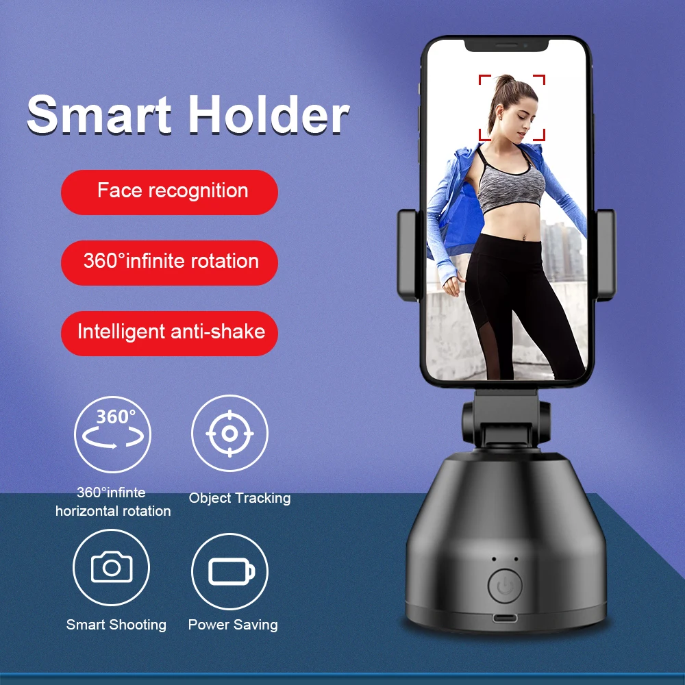 Palo de selfi portátil de disparo inteligente automático, soporte de seguimiento de objetos de 360 °, rotación todo en uno, soporte para teléfono con cámara de seguimiento facial