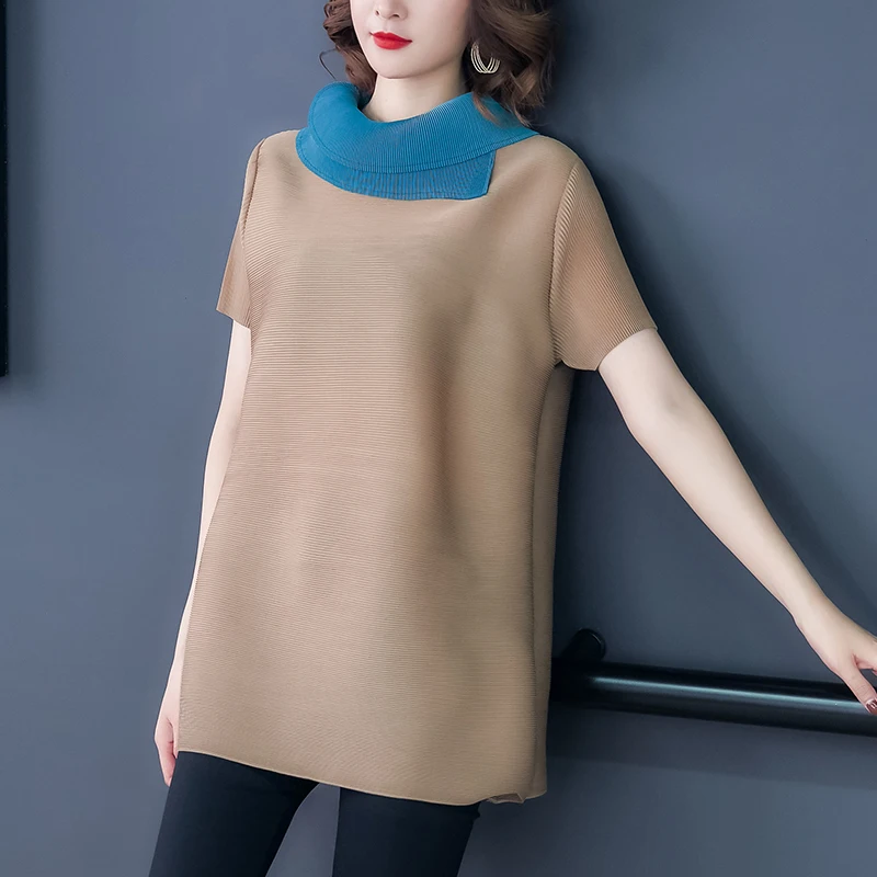 

New Fold Casual Female T-Shirt Summer Harajuku Short Sleeve Loose Tops Fashion Elegant Women Clothing Pleats Patchwork Tees W547
