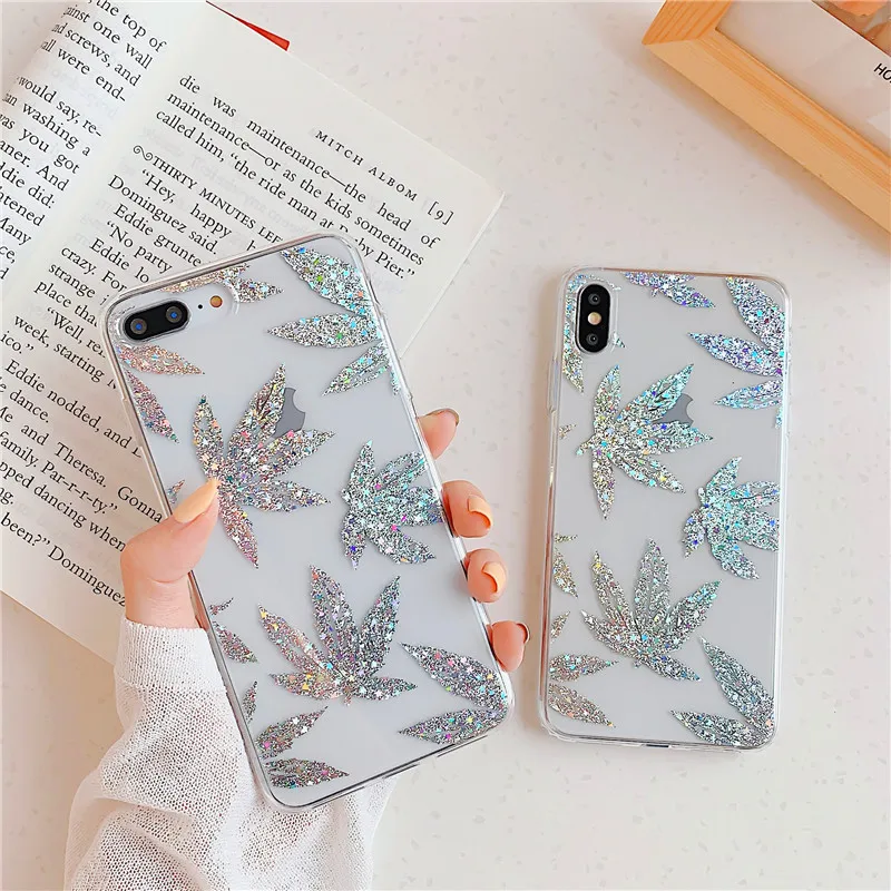 

Silver Plating Leaves Phone Case for Iphone X Xs Xsmax Xr Glitter Floral Clear Soft Tpu Silicon Case for Iphone 6s 7 8plus Cover