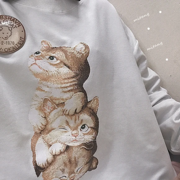 Kawaii/зимняя женская теплая длинная свободная толстовка с рисунком котенка, пуловеры с длинным рукавом, толстовки, простой белый и коричневый цвета
