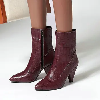 

Spike Heels Women Boots Pu Leather High Heel Ankle Boots Pointed Toe Zipper Autumn Winter Women Shoes Black Red Gold