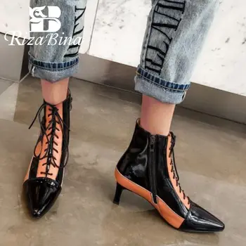 

RIZABINA Sexy Woman Ankle Boots Real Leather High Heel Shoes Mixed Color Lace Up Pointed Toe Office Ladies Footwear Size 33-40