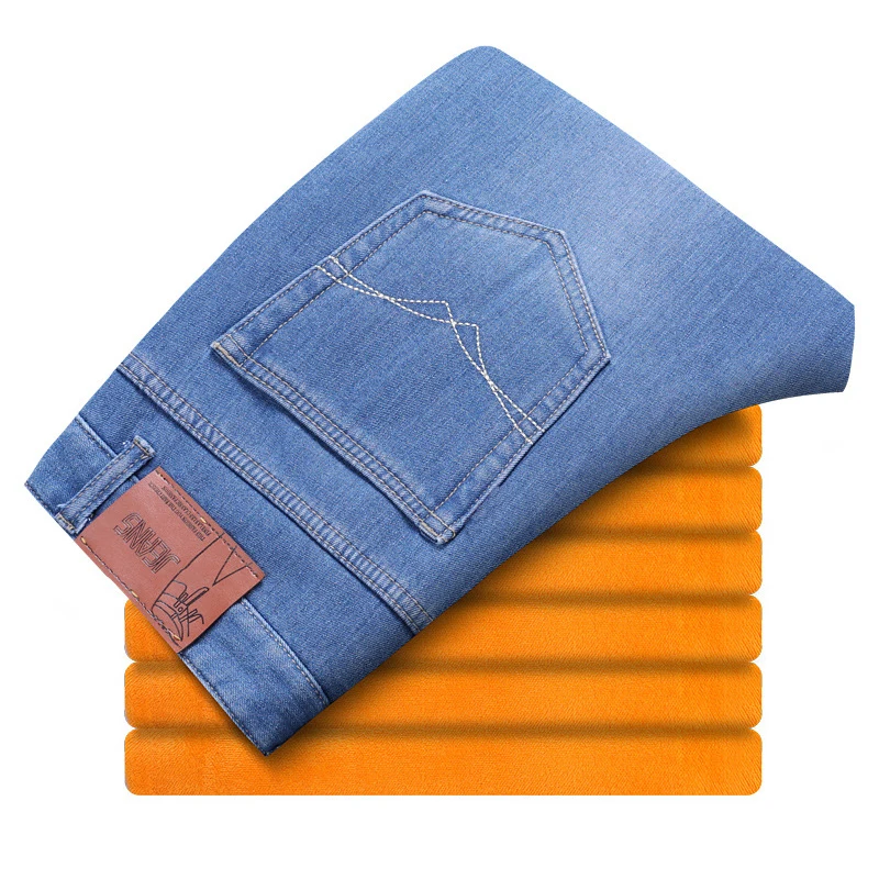 

CHOLYL Winter Men's Warm Jeans 2019 New Classic Style Business Casual Thicken Elastic Denim Pants Male Brand Trousers Blue Black