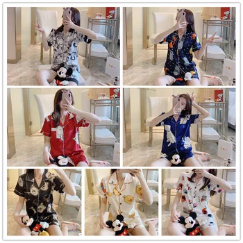 

Summer ice silk pajamas female silk sexy Korean thin section cute short-sleeved lapel cardigan ladies home service suit