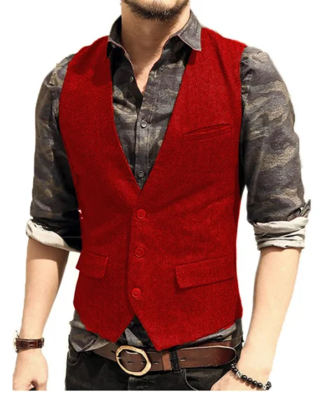 Red Удобный мужской костюм жилет с v-образным вырезом шерстяной твидовый Повседневный жилет официальный деловой жилет - Color: Red