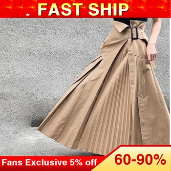 

Women Pleated Skirt 2019 Korean Plain Ankle Length Khaki Harajuku Plus Size Asymmetrical Casual Boho Long Skirts Office Ladies