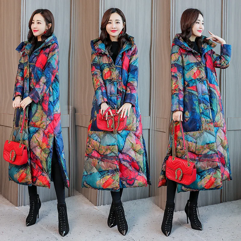 

2019 Winter Button Pocket Long Sleeve Single Breasted Hooded Abstract Pattern Cotton-padded Clothes/Cotton Coat Qytqj2931