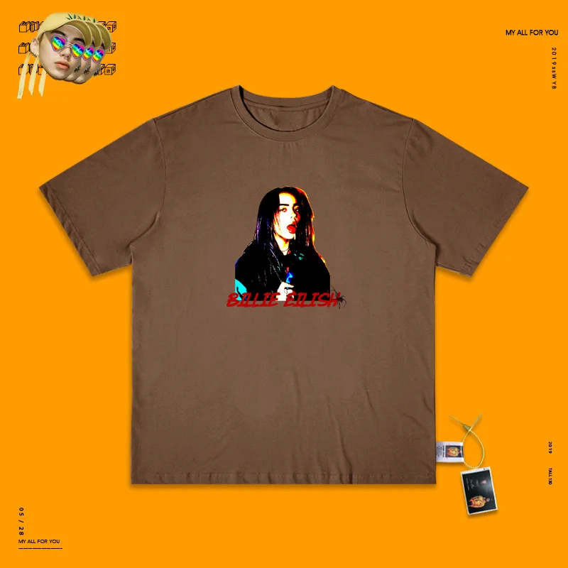 Billie Eilish пирус груша Паровая волна короткий рукав рендеринг без подкладки верхняя одежда женская школьная ветер половина рукава Matcha зеленый T A - Цвет: Coffee color