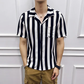 

Summer Striped Shirts Men's Short Sleeve Dress Shirt Regular Fit Fashion Smart Casual Hawaiian Top Male Luxury Vintage Beach