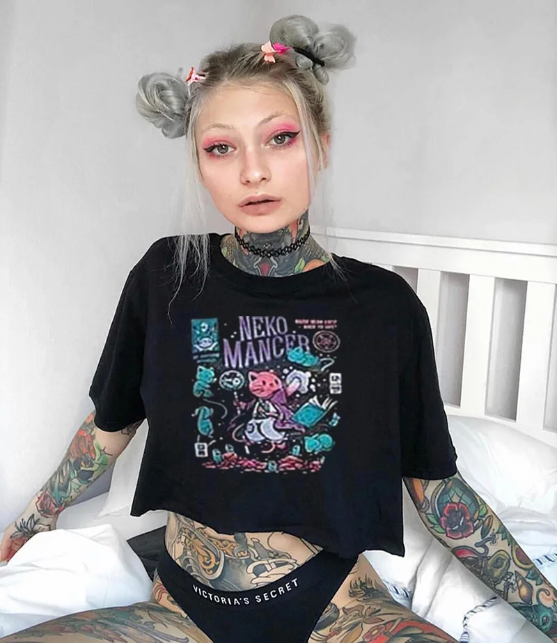 New Harajuku Gothic Women's T-Shirt Nekomancer Printed Short Sleeve Top and T-Shirt Fashion Casual T-Shirt Women's Clothing T-Sh
