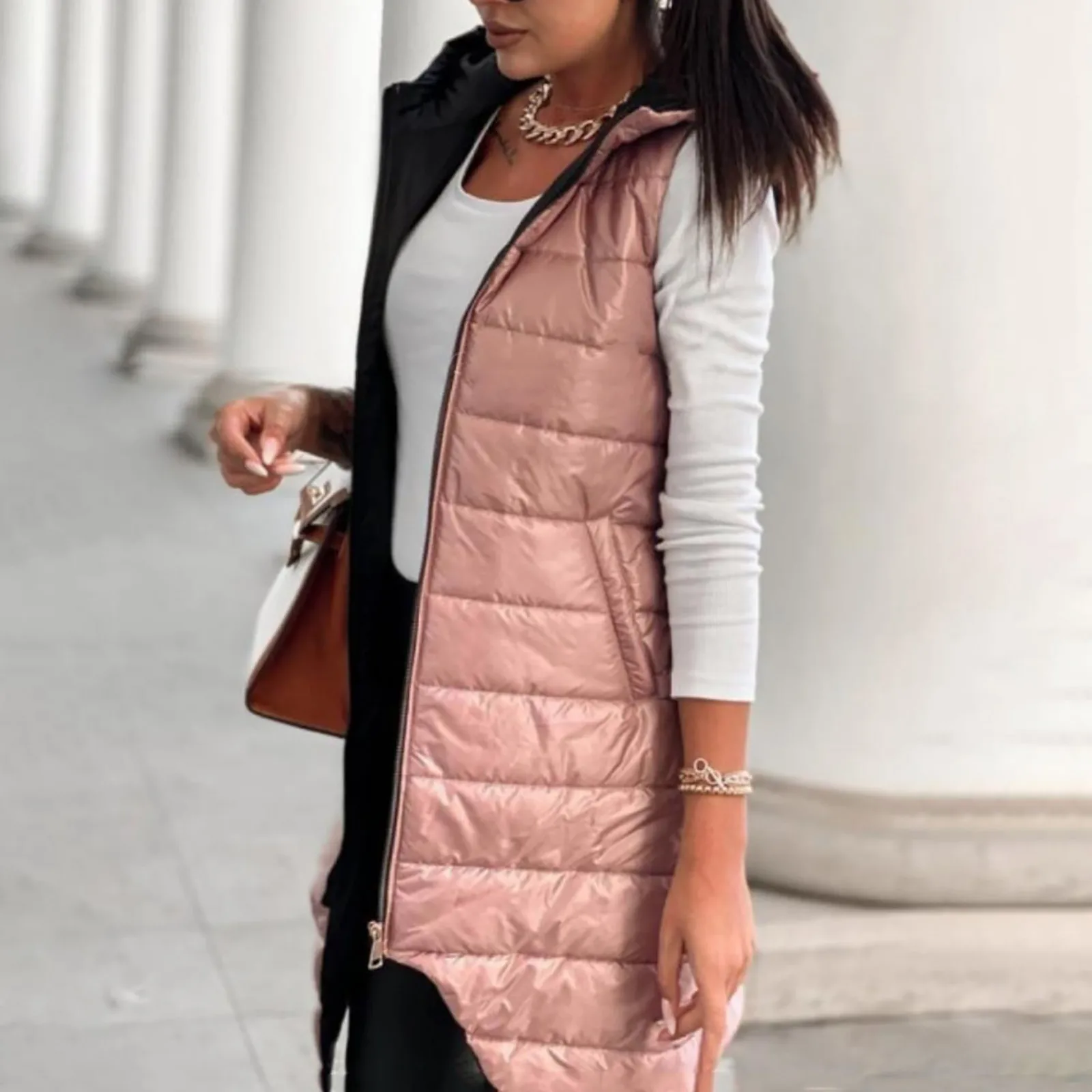 Womens Warm Solid Color Vests Hooded Single Breasted Medium Length Cotton Waistcoat Ladies Slim Cardigan Coat Plus Size Mujer 1