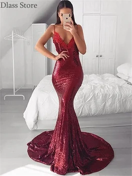 

2020 Prom Dresses Mermaid Sweep Train Appliues Spaghetti Straps V-neck Sexy Backless Evening Dress платья знаменитостей vestidos