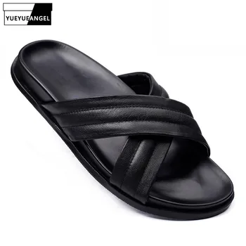 

Beach Slip On Casual Designer Flat Shoes Genuine Leather Black Men Sandals Summer Open Toe Famous Brand Slippers Slides Oversize