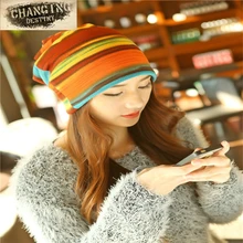 Корейский Модный комплект, шапка с ворсом, цветная полосатая тюрбан, тонкая шапка, женские хлопковые шапочки, крутая шапка