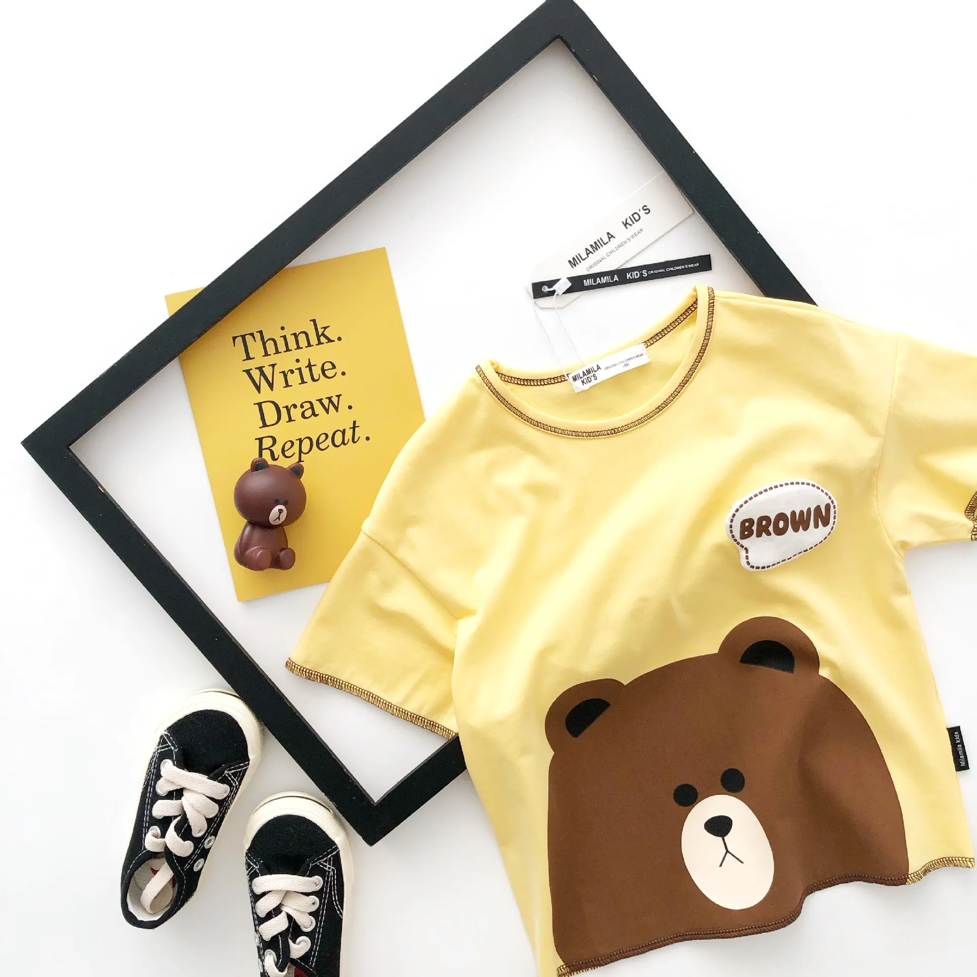 

Tonytaobaby Summer New Cotton Children Pale Yellow Bear Short-Sleeved T-shirt