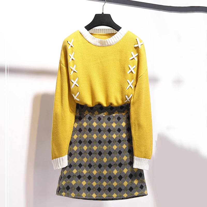 

2021 Autumn Winter Womens O-Neck Pullover Knitted Sweater + High-waisted Wool Skirt Two Piece Girl Ladies Skirts Set Outfits