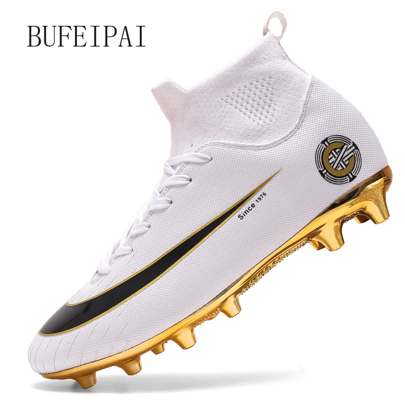 Botas fútbol doradas para hombre y mujer, zapatos De fútbol De tobillo alto, suaves, Botas De entrenamiento, 2020