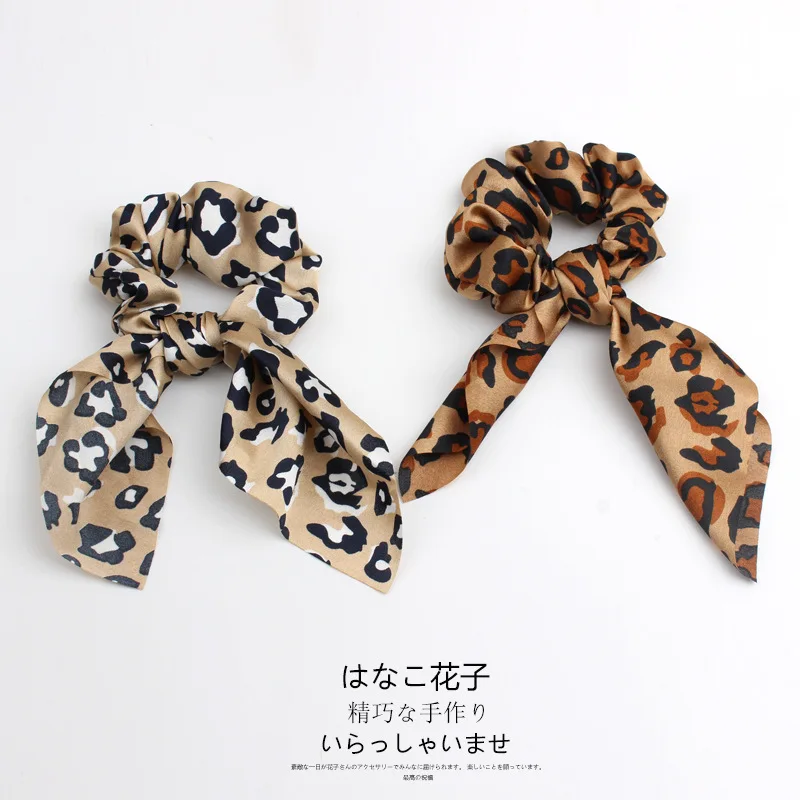 CN 2pcs Leopard Snake Floral Streamers Scrunchies Women Hair Scarf Elastic Rabbit Ear Bow Hair Rope Ribbon Band Girls