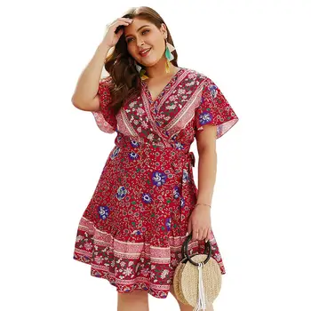 

Indie Folk Women Clothing Knee Length Print Floral Vacation Plus Size Casual Dress
