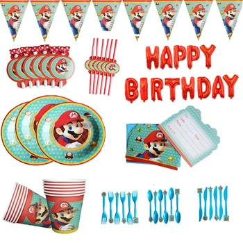 

Super Mario Theme Children Birthday Party Supplies Disposable Tableware Set Paper Plate Cup Napkin Baby Red Number Foil Balloons