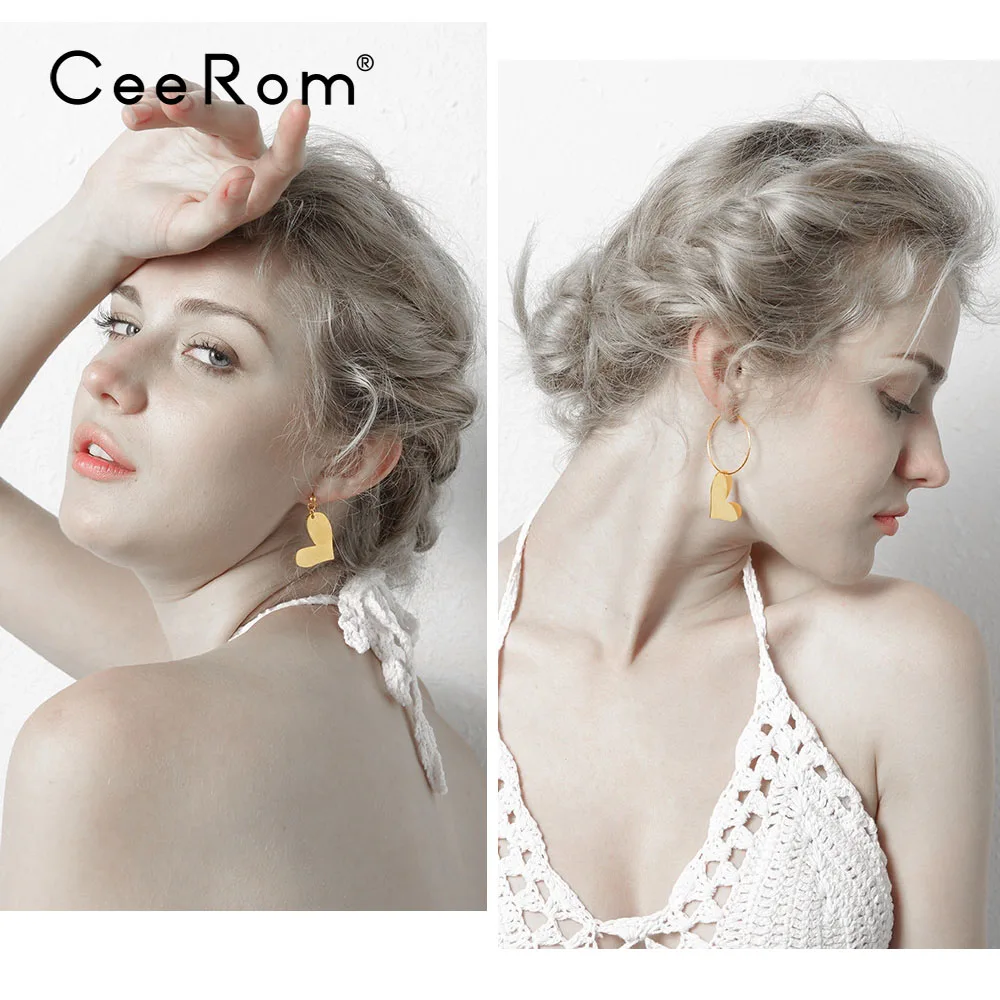 CeeRom Асимметричные висячие серьги золотого цвета, серьги в форме сердца для женщин, нержавеющая сталь, модные массивные ювелирные изделия Oorbellen