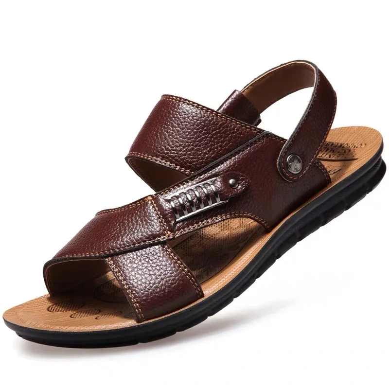 

Summer Sandals Genuine Leather New Style Men Dual Purpose Breathable Anti-slip Sandals Youth Peep-Toe Faux Leather