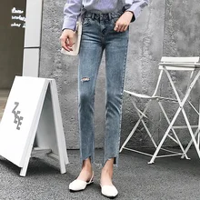 Нерегулярные рваные прямые джинсовые штаны для женщин лето осень уличная укороченные Ретро Высокая талия лодыжки длина джинсы