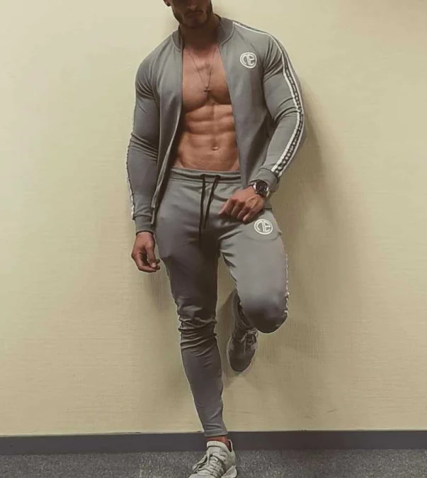 

Aomanda Sports Suit Men Bodybuilding Comfortable Set Sports Suits zipper Tights Clothes Gym Fitness Running Set Men Tracksuits