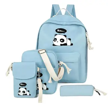 

4pcs/Set Women Canvas Backpack Cute Panda Print Student School Backpack Casual Shoulder Bags For Teenagers Girls