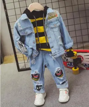 

Denim suit children's long-sleeved denim jacket + striped hoodie + jeans 3 pieces fashion sports clothes boys clothing suits