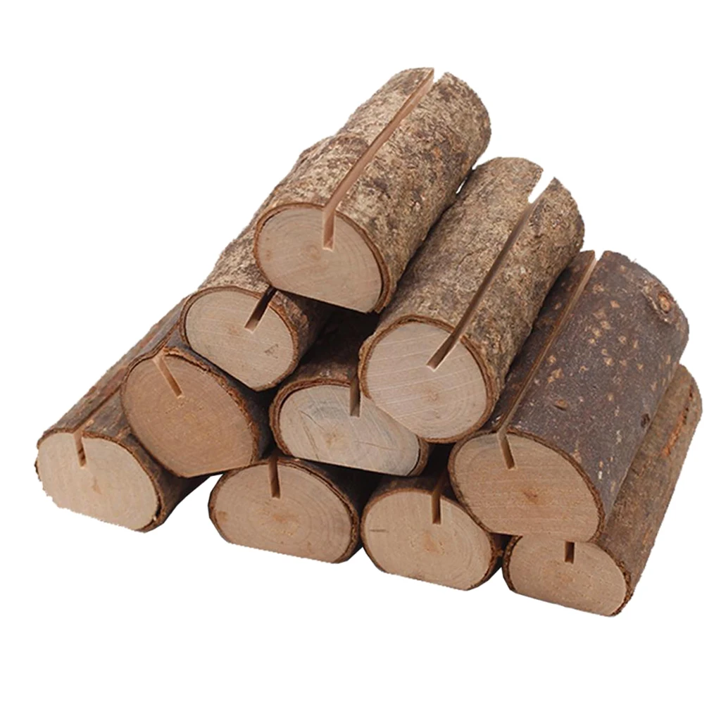 10pcs Wood Pile Name Place Card Photo Holders Natural Wooden Stump Table Number Clip Stand Wedding Party Dinner Table Decor