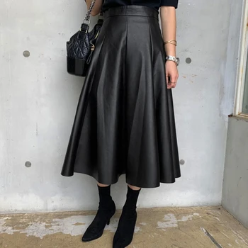 

YAMDI a-line skirt women 2020 spring autumn pu leather skirts female office lady elegant midi skirt woman faux-leather shirt run