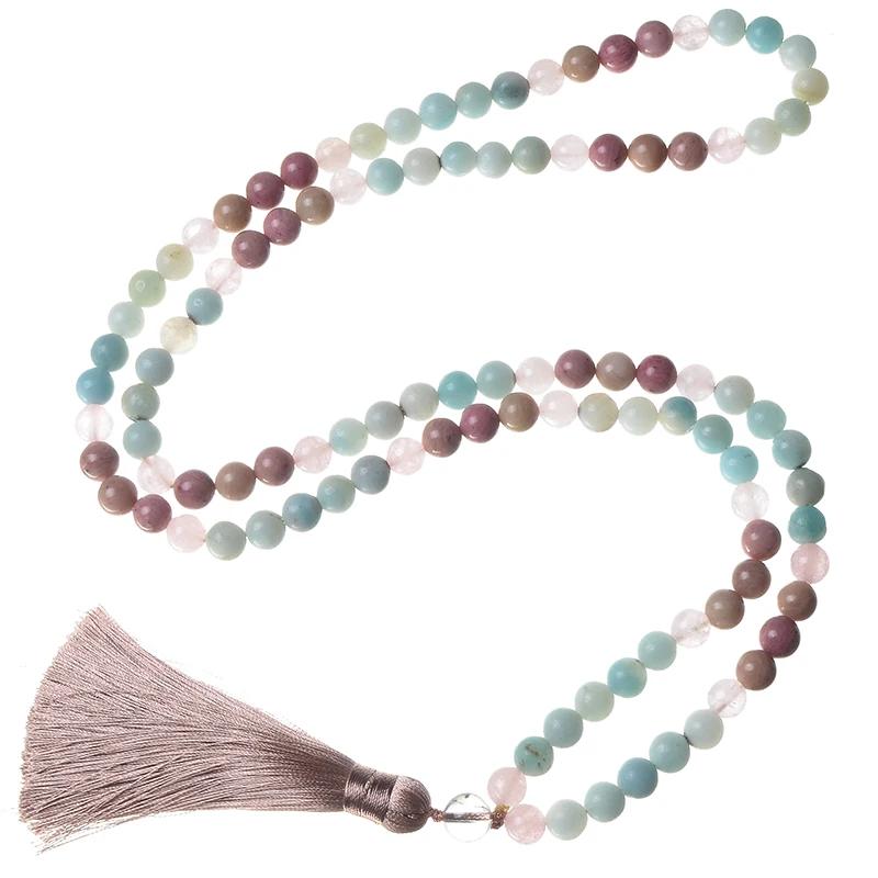 8mm Natural Rhodolite and Rose Quartz  Amazonite Tassel Necklace 108 Beads Japa Mala Women Jewelry Meditation Yoga Sets