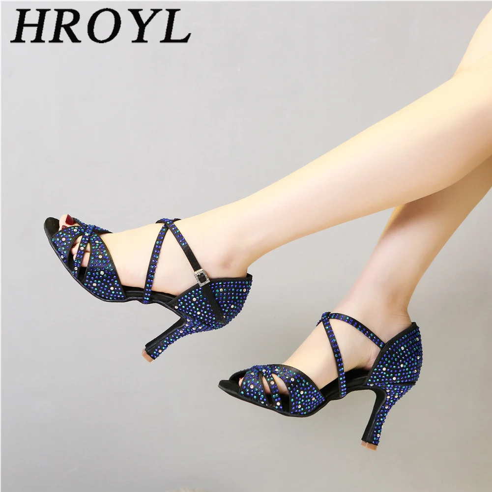 HW Women's Blue Customized Heel Strappy Satin Rhinestones Dance Heels Latin Dance Shoes