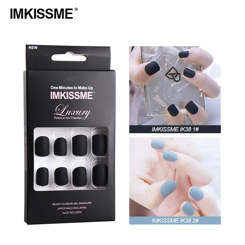 

IMKISSME 24Pcs/Box Matte Black Short Fake Nails Long Acrylic Classical Full Artificial Press IK38