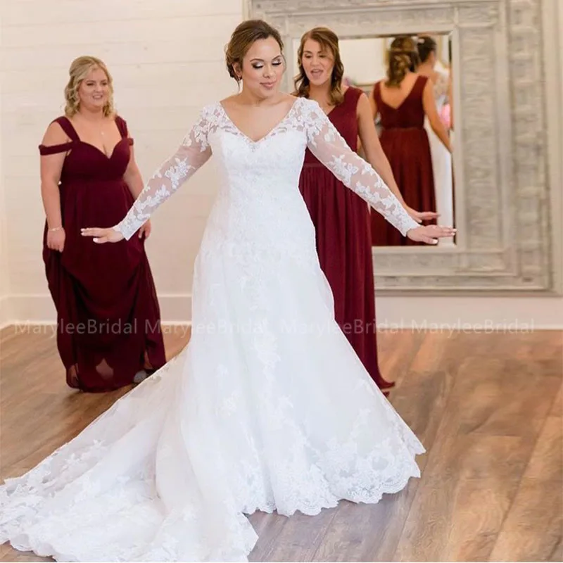 

Plus Size A-line Wedding Dresses With Long Sleeves Appliques Sequins Vestidos De Noiva Made To Measure Bridal Dress Chapel Train