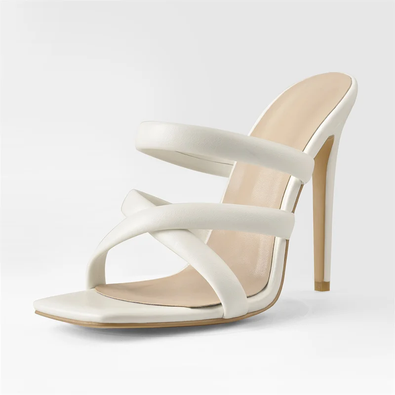 

Richealnana Summer Slip-On Matte White Sandals High Heel Mules Square Toe Concise Fashion Ladies Shoes Casual Daily Soft PU