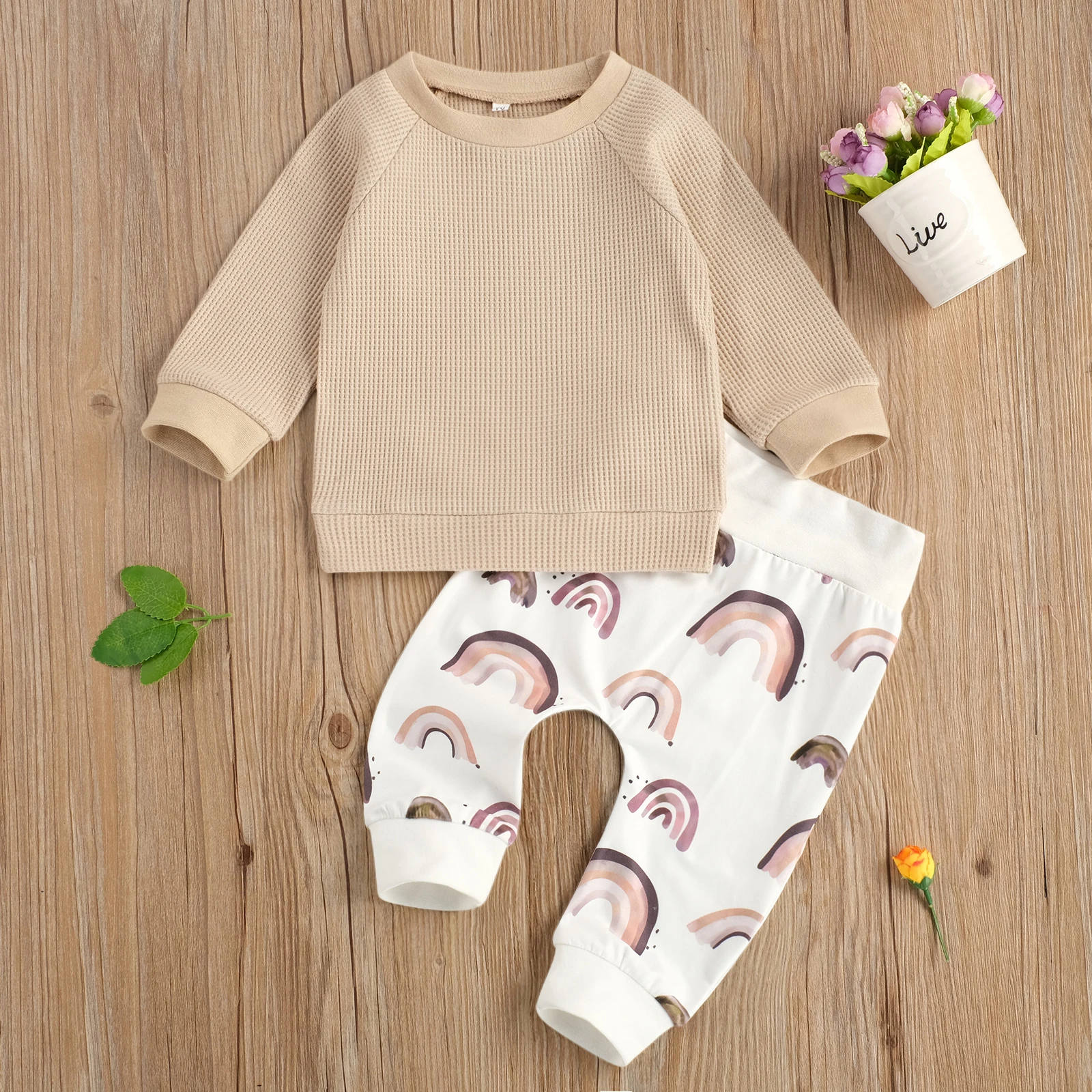 Spring Autumn Cute Newborn Baby Boys Girls Clothing Outfit Set Long Sleeve Top+Rainbow Print Harem Pants Set for 0-24M Infant Baby Clothing Set near me