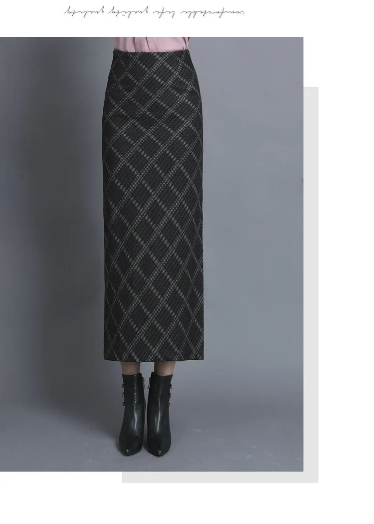 Two Sides Slit Sexy Pencil Skirt Women Long Plaid Skirt Autumn Winter Thicken Warm High Waist Vintage Skirt Lady 3543LY