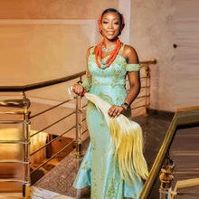

Light Sky Blue Trumpet Evening Gowns Aso Ebi Style Cap Sleeves Crystals Beaded Handmade Long Africa Prom Dresses