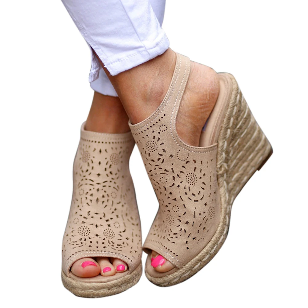 

Vintage Ladies Heel Buckle Strap Soft Dating Hollowed Out Summer Fish Mouth Casual Straw Braided