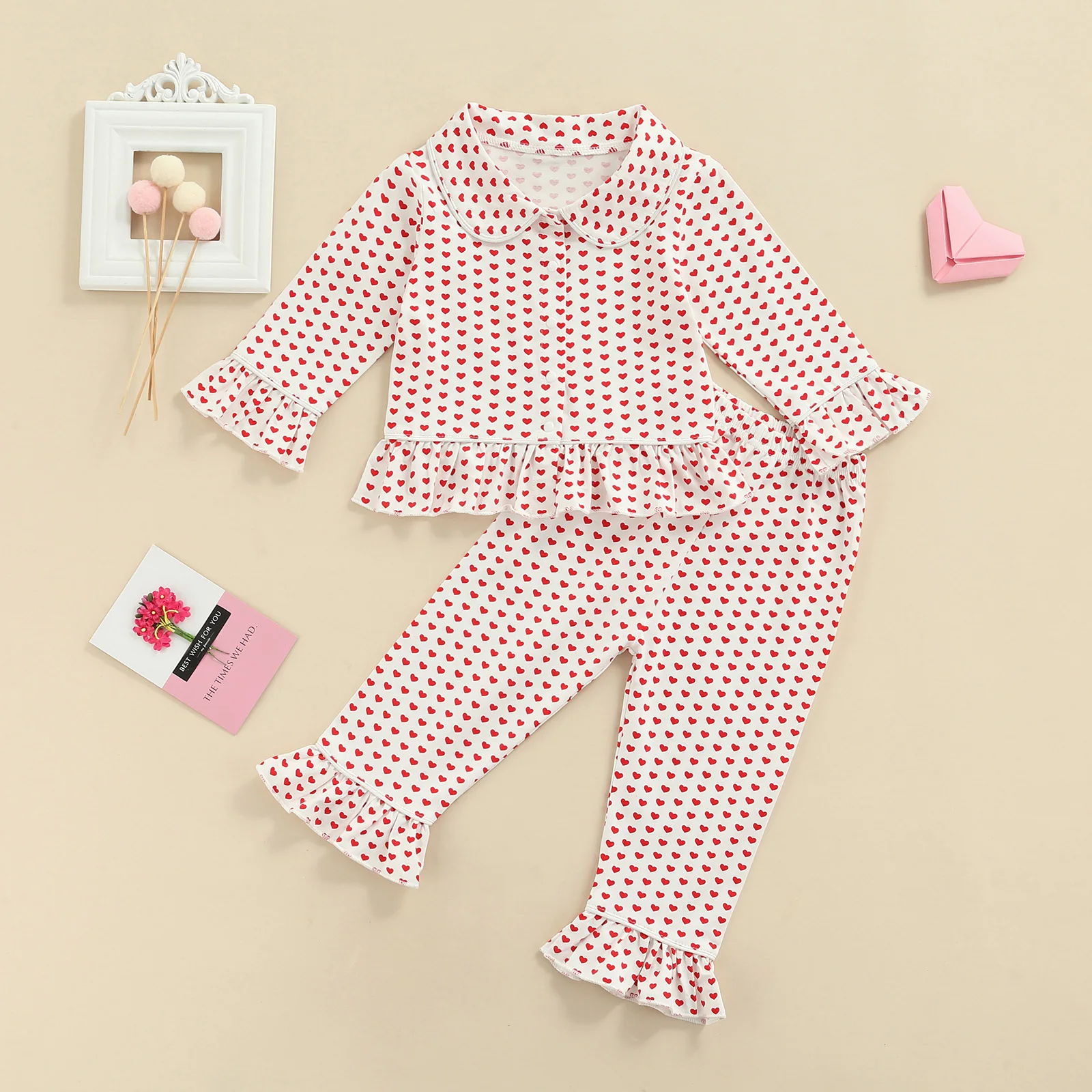 

Children Kids Homewear Two Piece Sets Lapel Neck Button Down Long Ruffled Hem Shirt Elastic Waist Pants