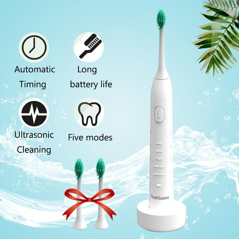 

Ultrasonic Automatic Electric Toothbrush Cover Waterproof Rechargeable 5 Modes with 2 Brush Heads Adult Electric Toothbrush USB