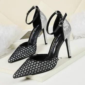 

Sequined Cloth Cover Heel Women's Sandals Sexy Pointed Toe Serpentine High Heels Party Sandals Buckle Shallow Office Shoes Women