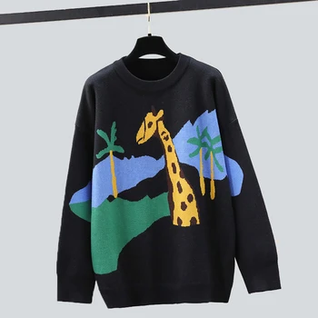 

New Autumn Winter Clothes Women Sweater Casual Round Neck Tops Giraffe Cartoon Pattern Pullover Loose Long sleeve Knit Sweaters