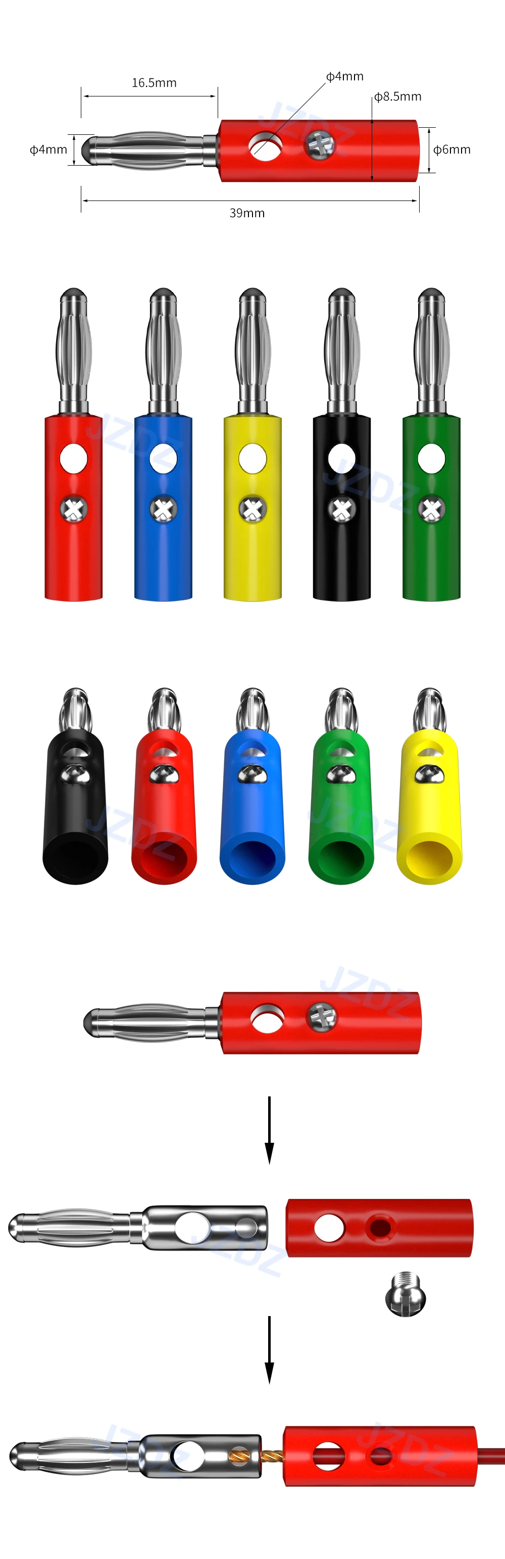JZDZ 10 stücke 4mm Banana Stecker Pin Audio Lautsprecher Elektrische Stecker Schraube Verbinden 5 Farben DIY Teile J.10015 – Detail 1