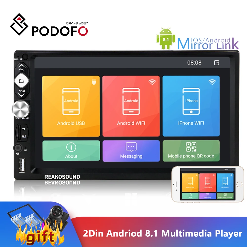 Podofo 2din Andriod 8,1 автомобильный Радио мультимедийный плеер GPS Bluetooth Wi-Fi MirrorLink 7 ''Авторадио 2 Din Кассетный рекордер стерео