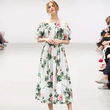 

Elegant Women Prairie Chic Printing Dress Slash Neck Short Sleeve Flower Pattern Elastic Waist Long Dresses