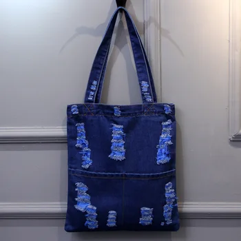 

Washed denim bag student shoulder bag women's Korean fashion hole denim canvas bag simple literary style
