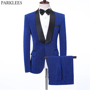 

Luxury Royal Blue Shawl Collar Dress Suits Men One Button Gold Silk Tuxedo Suit Male Wedding Party Prom Stage Terno Masculino